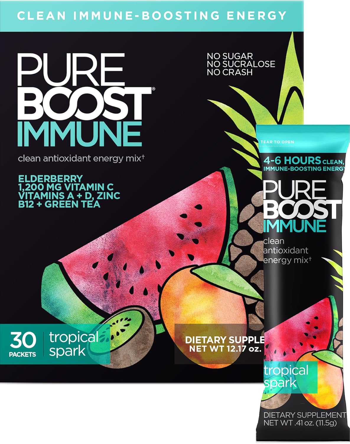 Pureboost Immune Clean Energy Booster, Refreshing Energy Drink Mix and Immunity Supplement with Elderberry, 1,200 mg Vitamin C, Vitamins A + D, and Zinc. (Tropical Spark, 30 Count)