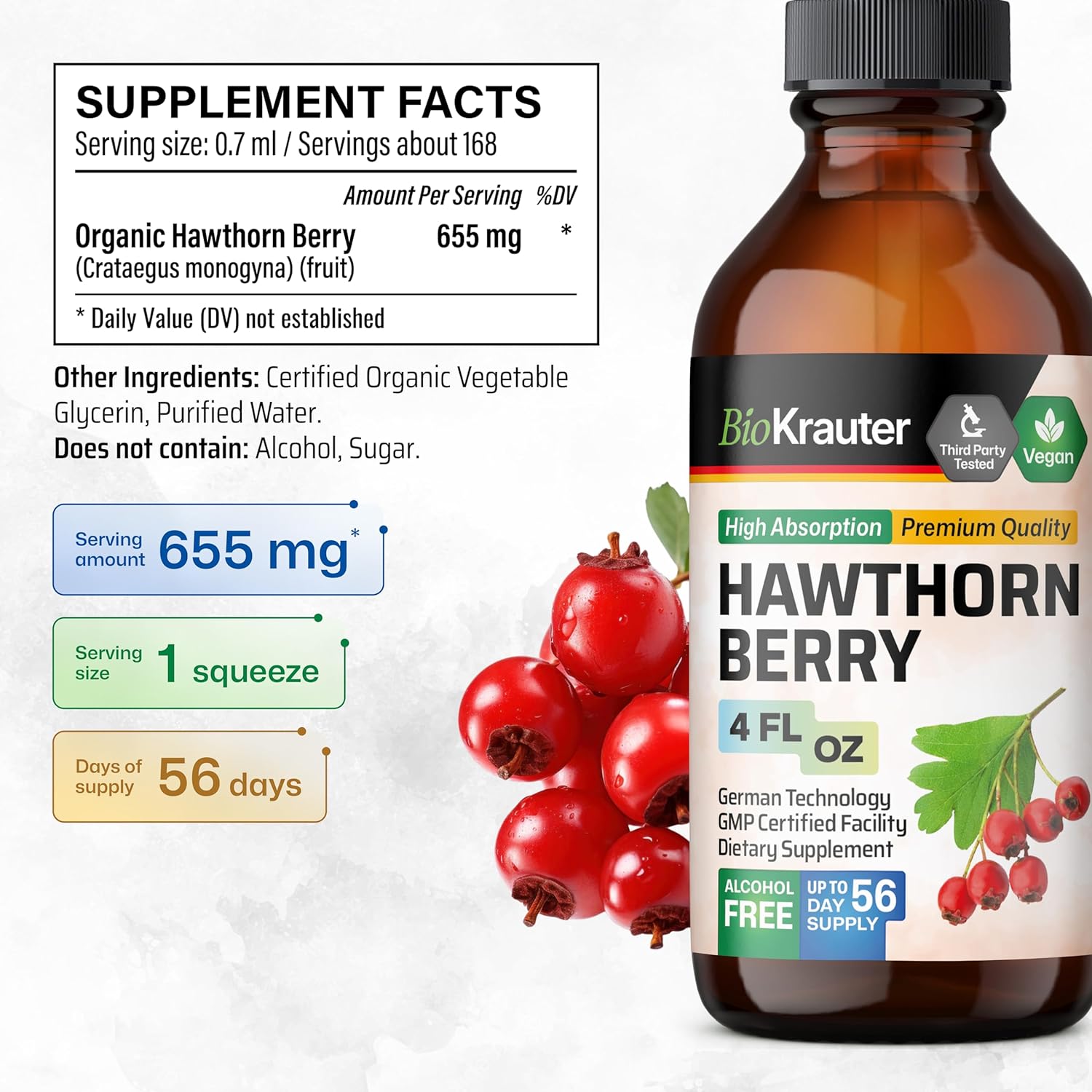 BIO KRAUTER® Hawthorne Berry Supplement - Pure Vegan Hawthorn Berry Liquid Drops 655 mg per Serving 4 Fl.Oz 56 Days of Supply - Used for Overall Support & Daily Wellness - Alcohol & Sugar Free