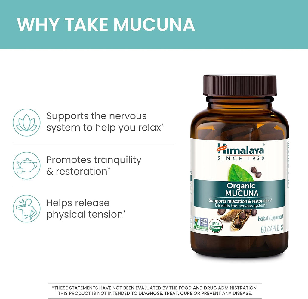 Himalaya Organic Mucuna Herbal Supplement, Supports Relaxation, Tension Relief, Brain Function, Non-GMO, USDA Organic, Vegan, Gluten Free, 600 mg, 60 Plant-Caplets, 2 Pack, 120 Day Supply