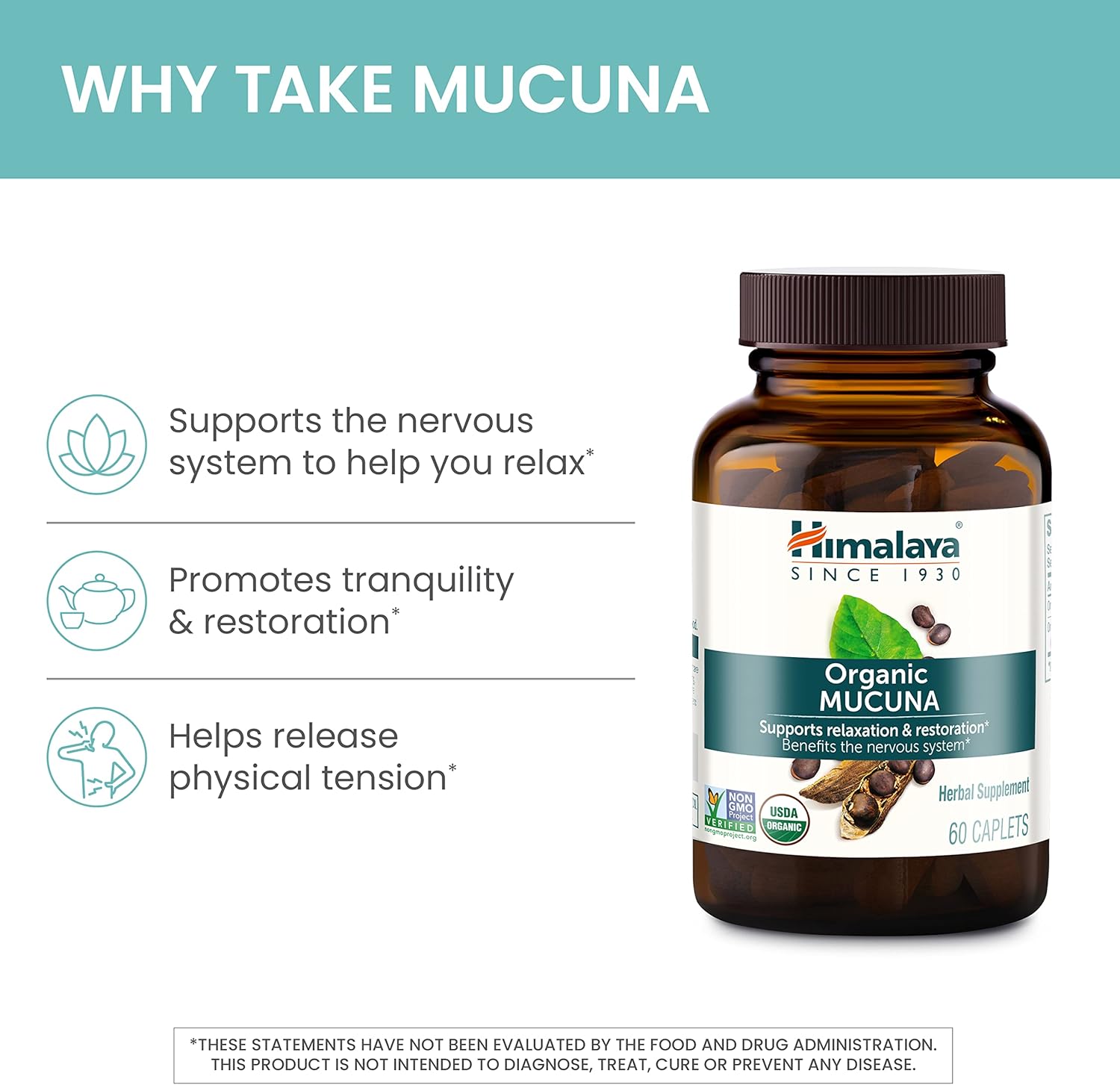 Himalaya Organic Mucuna Herbal Supplement, Supports Relaxation, Tension Relief, Brain Function, Non-GMO, USDA Organic, Vegan, Gluten Free, 600 mg, 60 Plant-Caplets, 2 Pack, 120 Day Supply