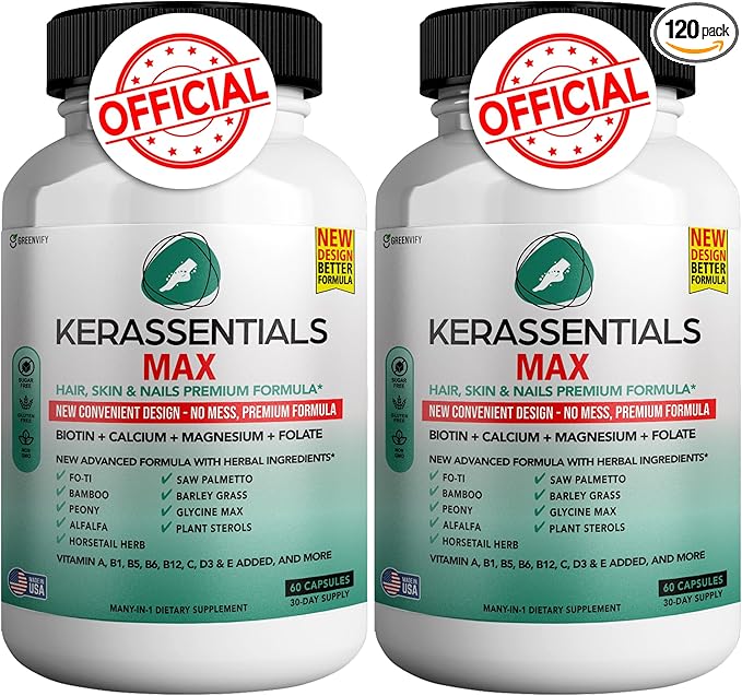 Kerassentials Max - Hair, Skin & Nails Support Supplement | Biotin, Calcium, Magnesium, Folate & Herbal Blend | Premium Formula | 120 Capsules, Vegan & Gluten-Free