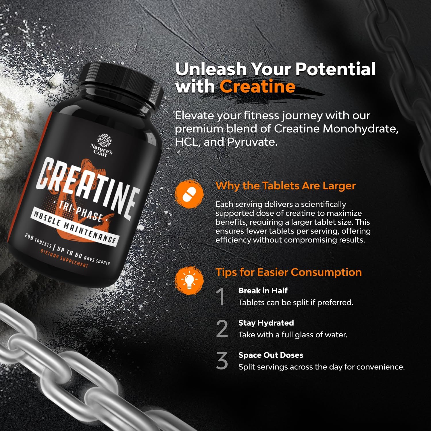 Natures Craft High Strength Tri Phase Creatine Tablets for Women & Men - Formula Blend of Creatine Monohydrate, 300mg HCL & Pyruvate Supplement - Muscle Mass Gain & Recovery Supplement - 240 Tablets