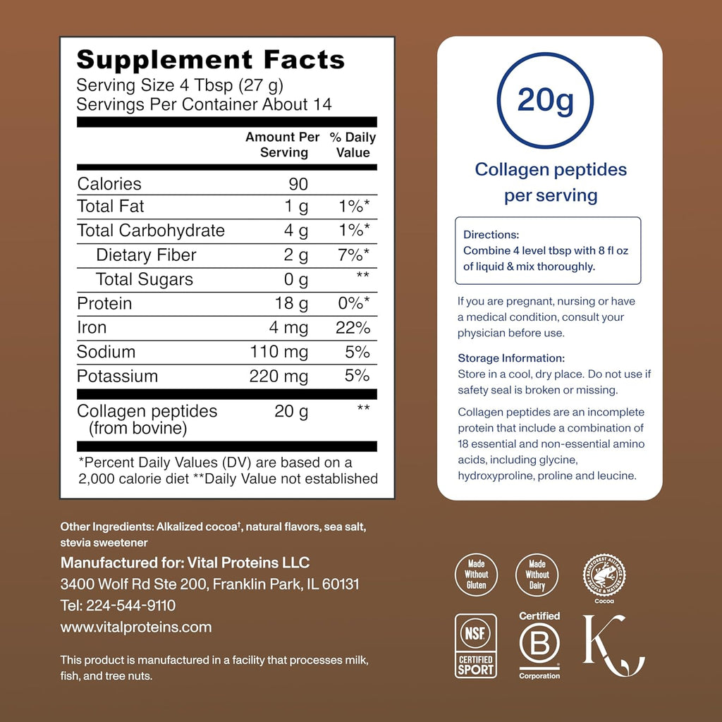Vital Proteins Collagen Peptides Powder - Chocolate Powder for Hair, Nail, Skin, Bone & Joint Health, 13.5oz