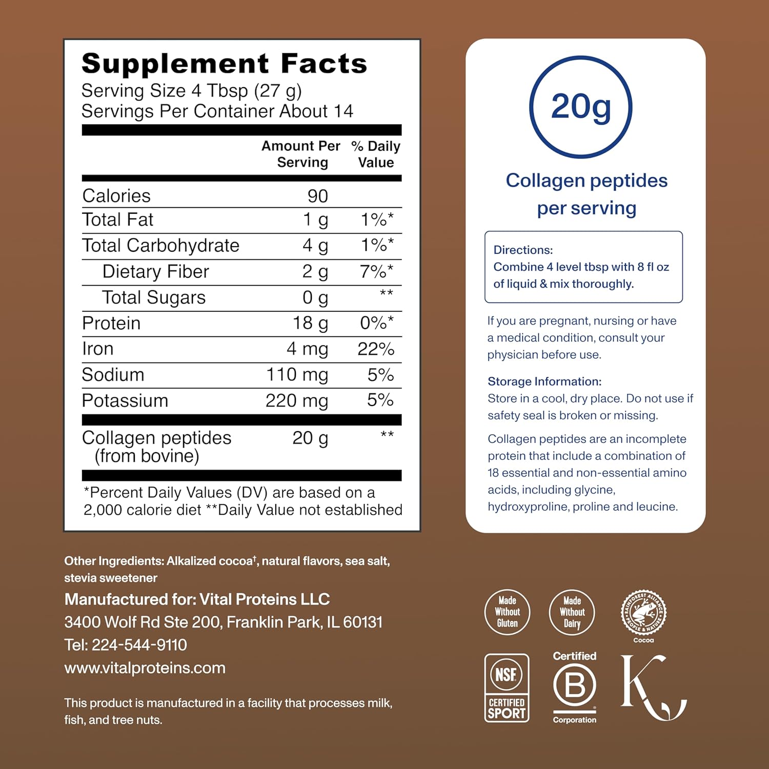 Vital Proteins Collagen Peptides Powder - Chocolate Powder for Hair, Nail, Skin, Bone & Joint Health, 13.5oz