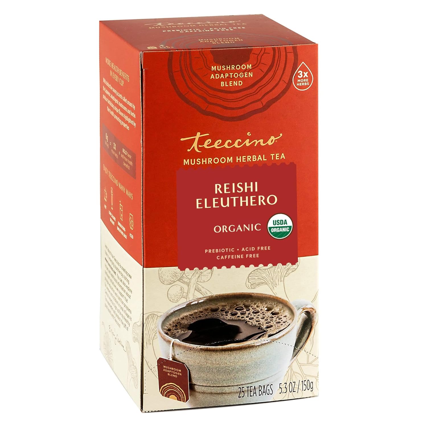 Teeccino Reishi Eleuthero Tea - French Roast - Organic Mushroom Adaptogenic Herbal Tea, 3x More Herbs than Regular Tea Bags, Caffeine Free, Chicory Prebiotic - 25 Tea Bags, Pack of 3