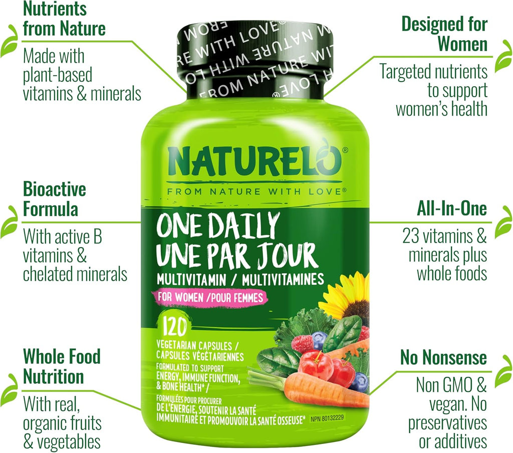 NATURELO One Daily Multivitamin for Women - Energy Support - Whole Food Supplement to Nourish Hair, Skin, Nails - Non-GMO - No Soy - Gluten Free - 120 Capsules - 4 Month Supply