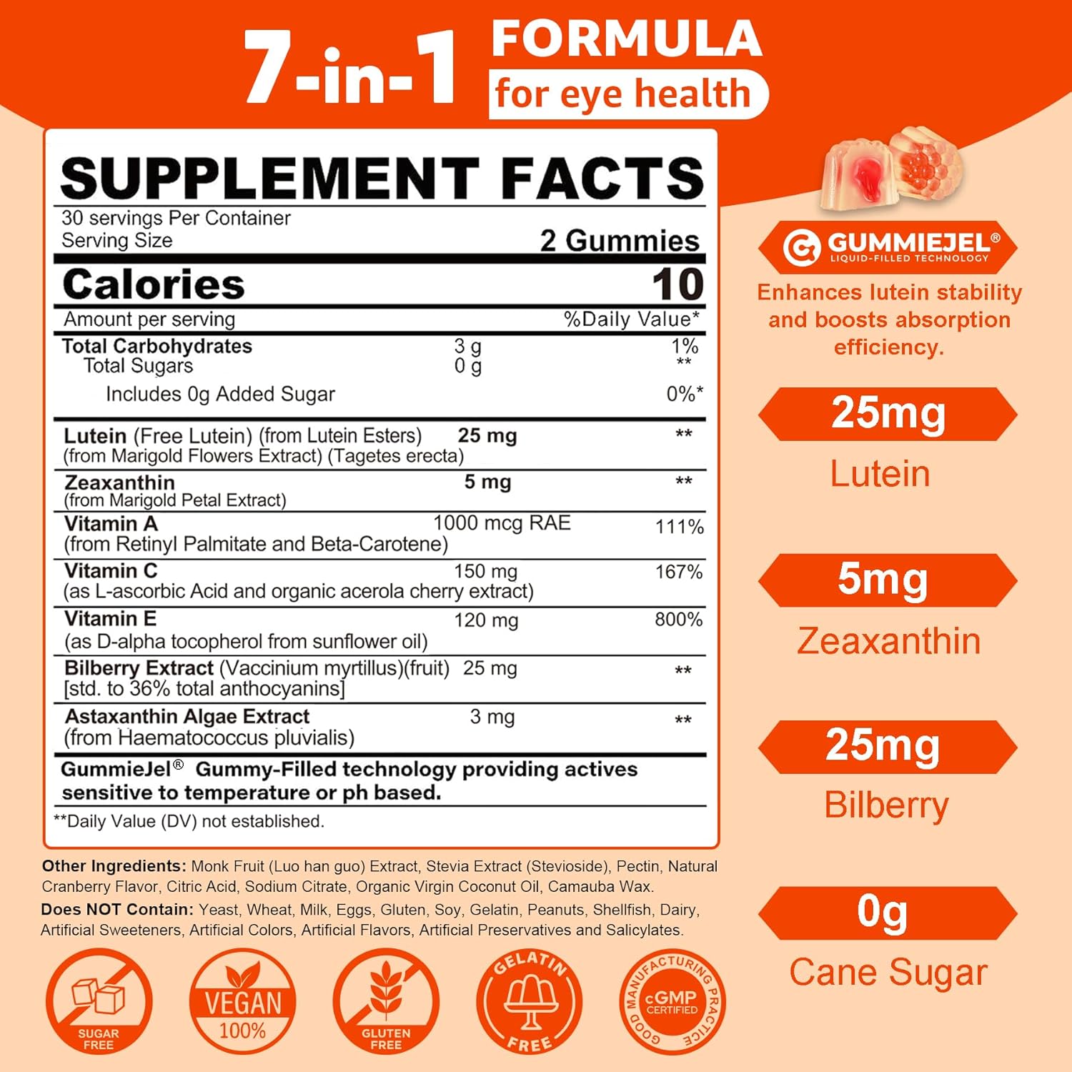 2 Pack Lutein and Zeaxanthin Supplements Gummies (25mg) Vitamins A, C, E, Bilberry, Astaxanthin - Coconut Oil for Better Absorption - for Adults & Teens Vision, Eye, Brain, Skin - Vegan, Sugar Free