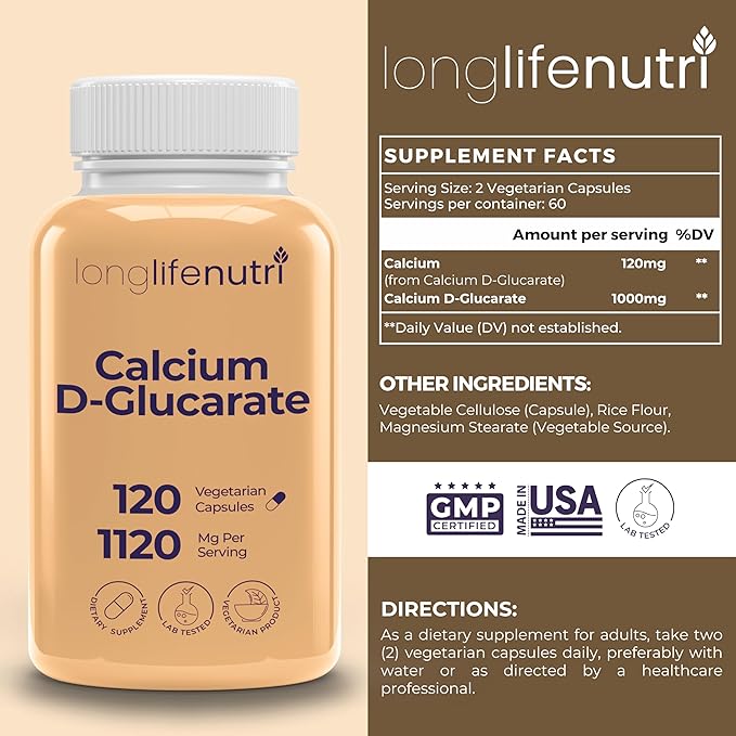 Calcium D-Glucarate - 120 Vegetarian Capsules, 2-Month Supply, 1120mg per Serving for Detox Support & Internal Balance, Non-GMO, Gluten Free, Made in USA, GMP Certified