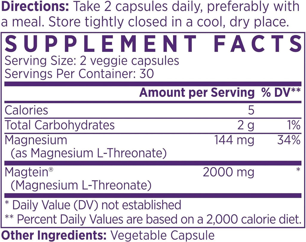 NAOMI Magnesium L-Threonate with 2,000mg Patented Magtein®, High Absorption Elemental Magnesium, Memory Supplement - Brain Health, Focus, Nerve Support, Heart Health, Natural Sleep Aid, 60 Veggie Caps
