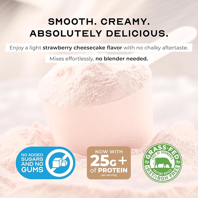 Muscle Feast Grass-Fed Whey Protein Isolate, All Natural Hormone Free Pasture Raised, Whey Isolate Protein Powder for Men and Women, Gluten-Free, Delicious Isolate Protein - Strawberry Cheesecake, 2lb