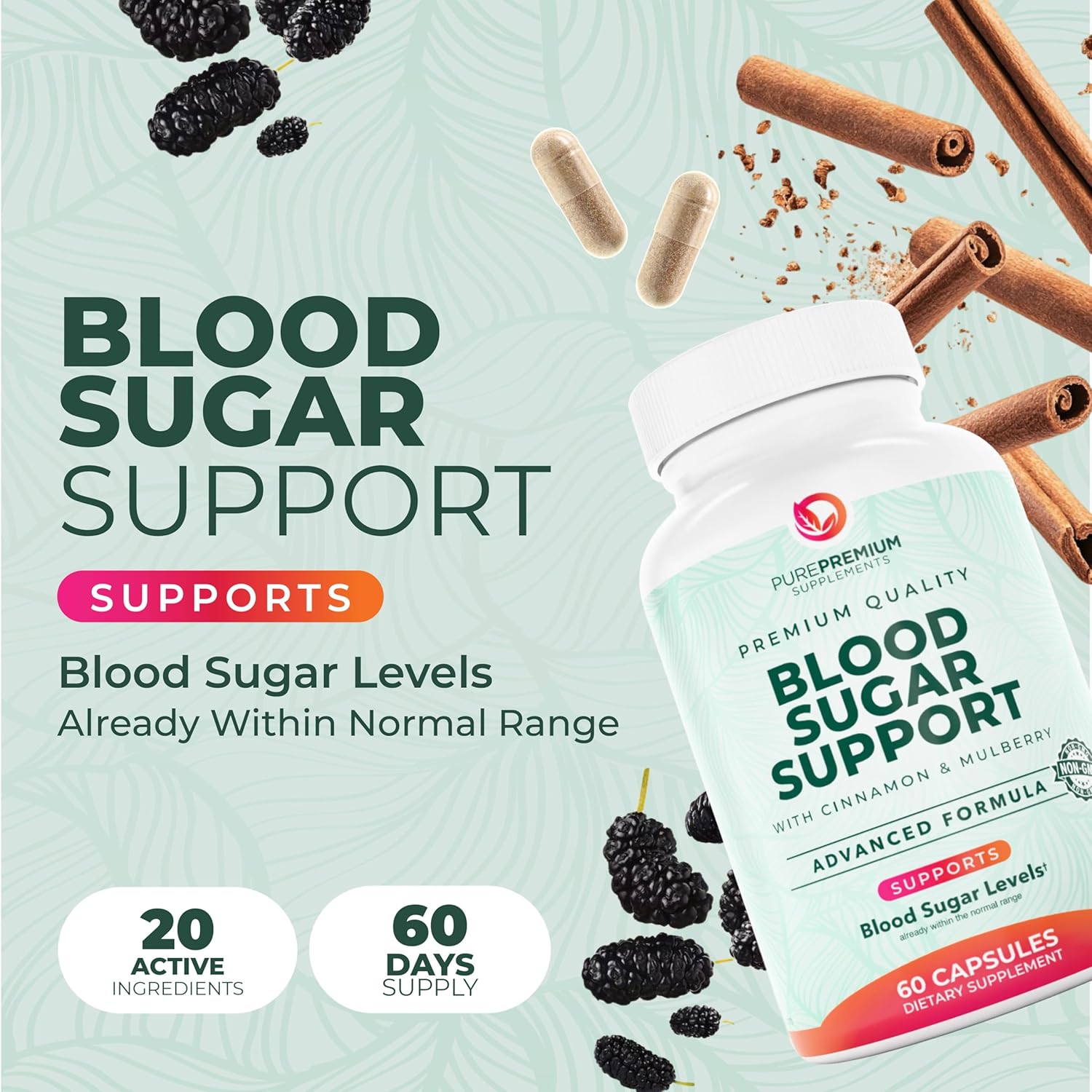 PurePremium Normal Blood Sugar Support Supplement - 20 Active Ingredients Complex to Support Blood Sugar Levels Already in The Normal Range - with Cinnamon, Bitter Melon, Chromium, Mulberry - 60ct