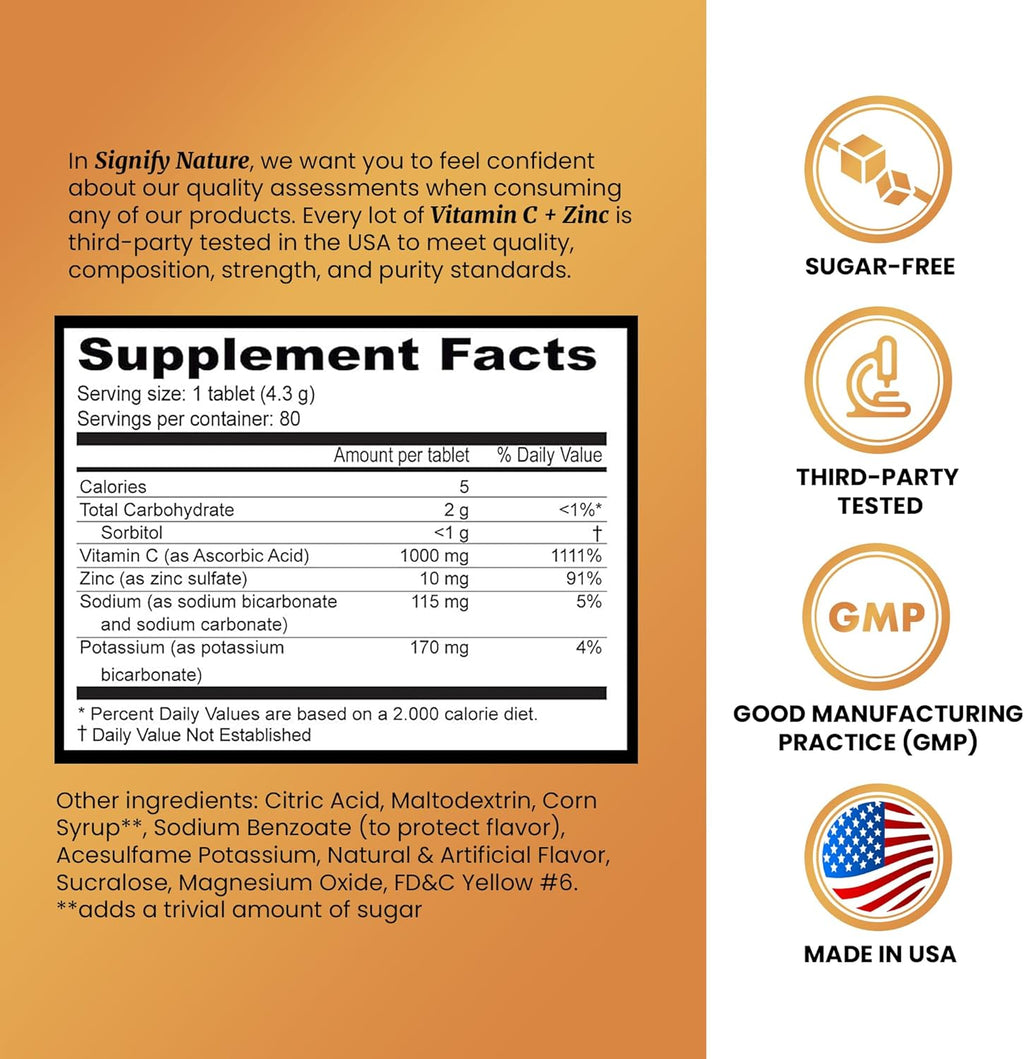 SIGNIFY NATURE Vitamin C 1000mg Effervescent Tablets - Potent Immune Support VIT C with Zinc Supplement - Sugar-Free & Vegan Formula | Dissolvable Vitamin C Tablets - Water Soluble Fizzy Elixir - 80CT