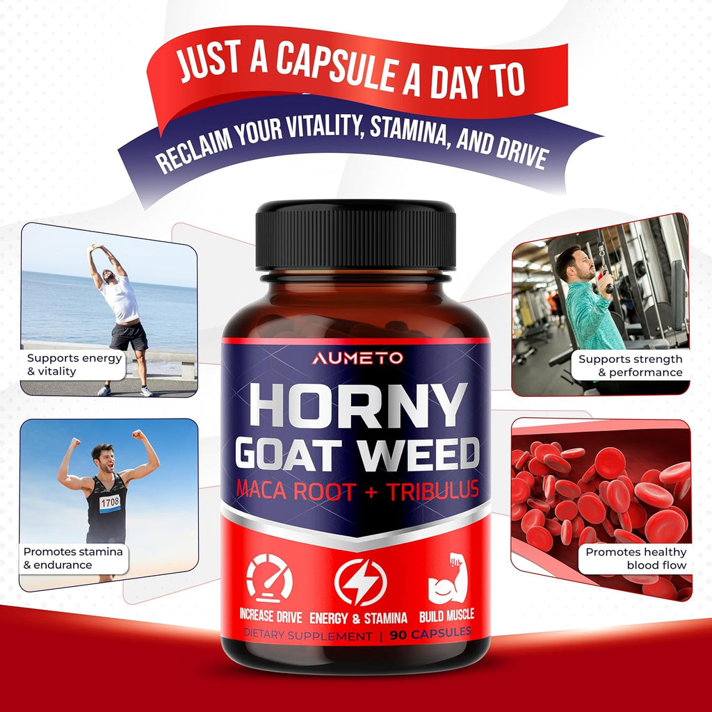 Horny Goat Weed Supplement with L-Arginine Tribulus Terrestris Maca Root Tongkat Ali - Male Energy, Strength and Memory Support (90 Count (Pack of 1))