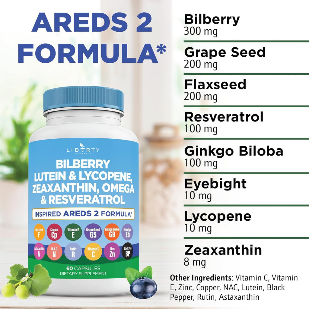 Eye Health Vitamins with Bilberry Lutein & Zeaxanthin, Lycopene, Resveratrol, Grape Seed Extract, Flaxseed Astaxanthin- AREDS 2 - Eye Vitamin - 60 Capsules