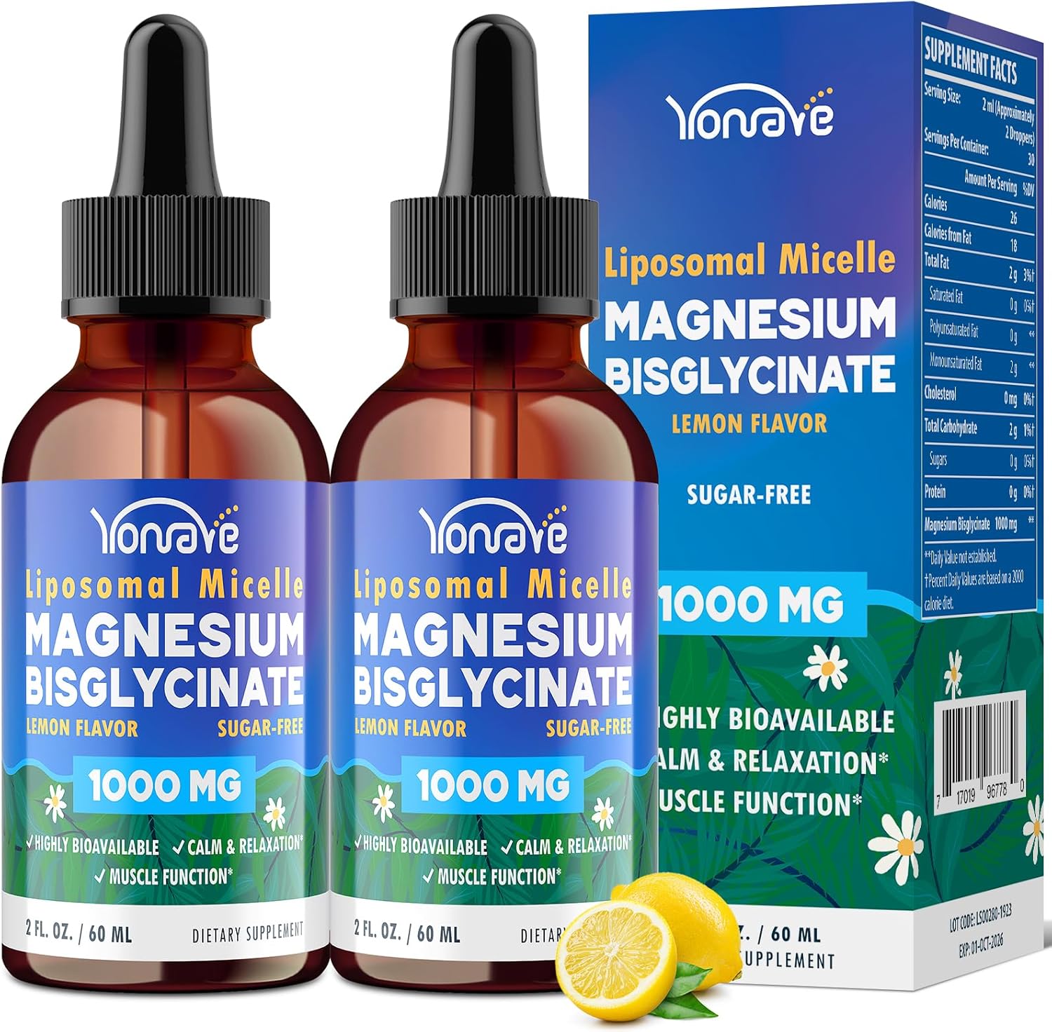 Magnesium Bisglycinate– High Absorption Liquid Magnesium Complex – Liposomal Micelle Chelated Magnesium Supplement – Sleep, Muscle, Heart, Calm– Sugar Free, Vegan, 60ml (2 Bottle)