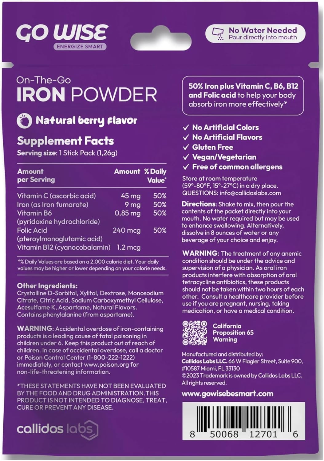 Go Wise Iron Powder - 14 Stick Packs with Vitamin C, B6, B12 and Folic Acid for Direct Consumption, No Water Needed - Gentle Iron Supplement for Women and Adults