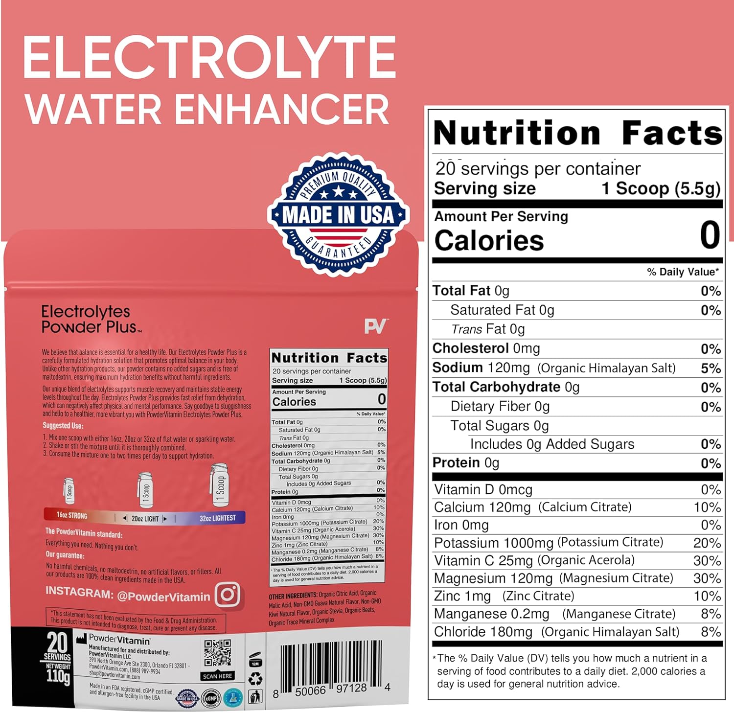 PowderVitamin Electrolytes Powder Plus (20 Servings) Guava Kiwi Electrolyte Powder Zero Calorie Keto,0 Sugar, No Maltodextrin,1000mg Potassium,120mg Calcium,120mg Magnesium, Pink Himalayan Salt