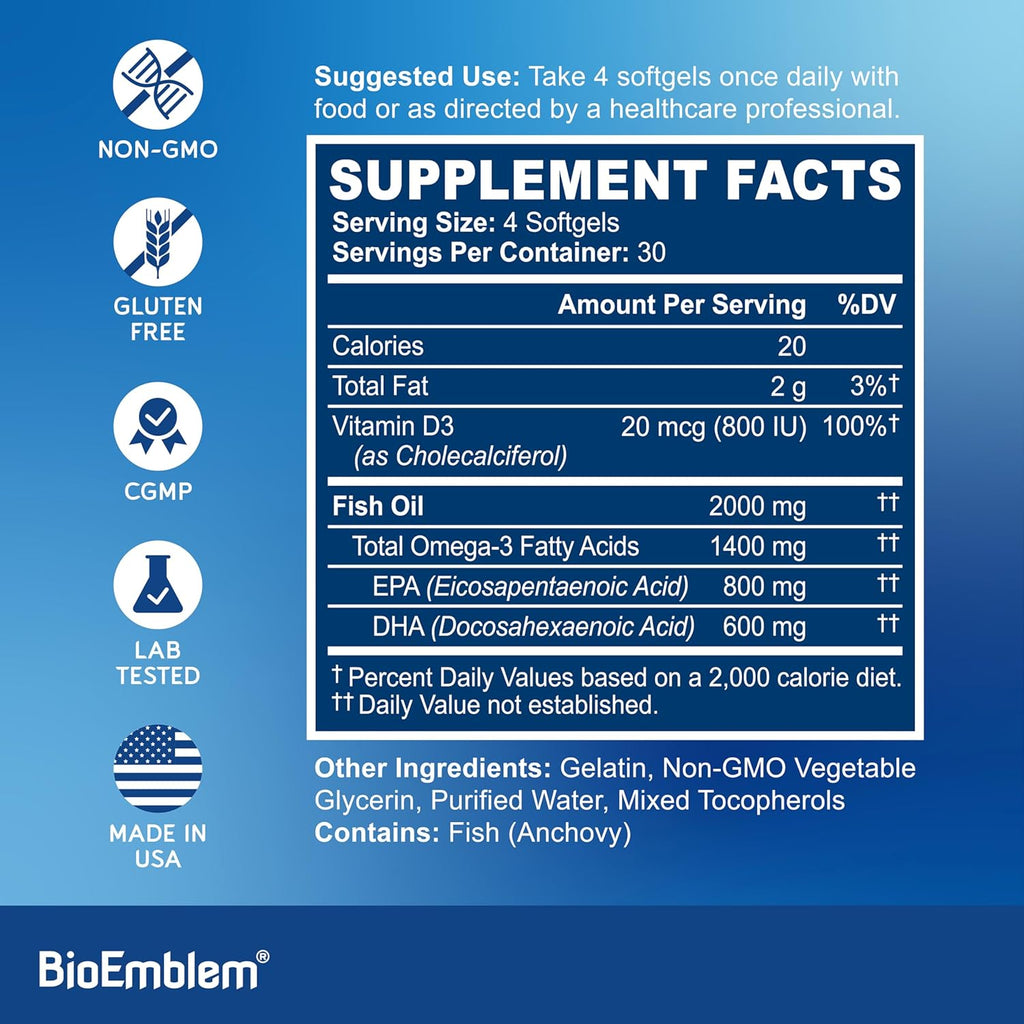 BioEmblem Omega-3 Fish Oil 2000mg - Small Size Softgels, High Absorption Form, Sustainable - 1400mg EPA &DHA Plus Vitamin D3, Non-GMO, Heart, Joint, & Brain Health Fish Oil Supplement, 120 Ct