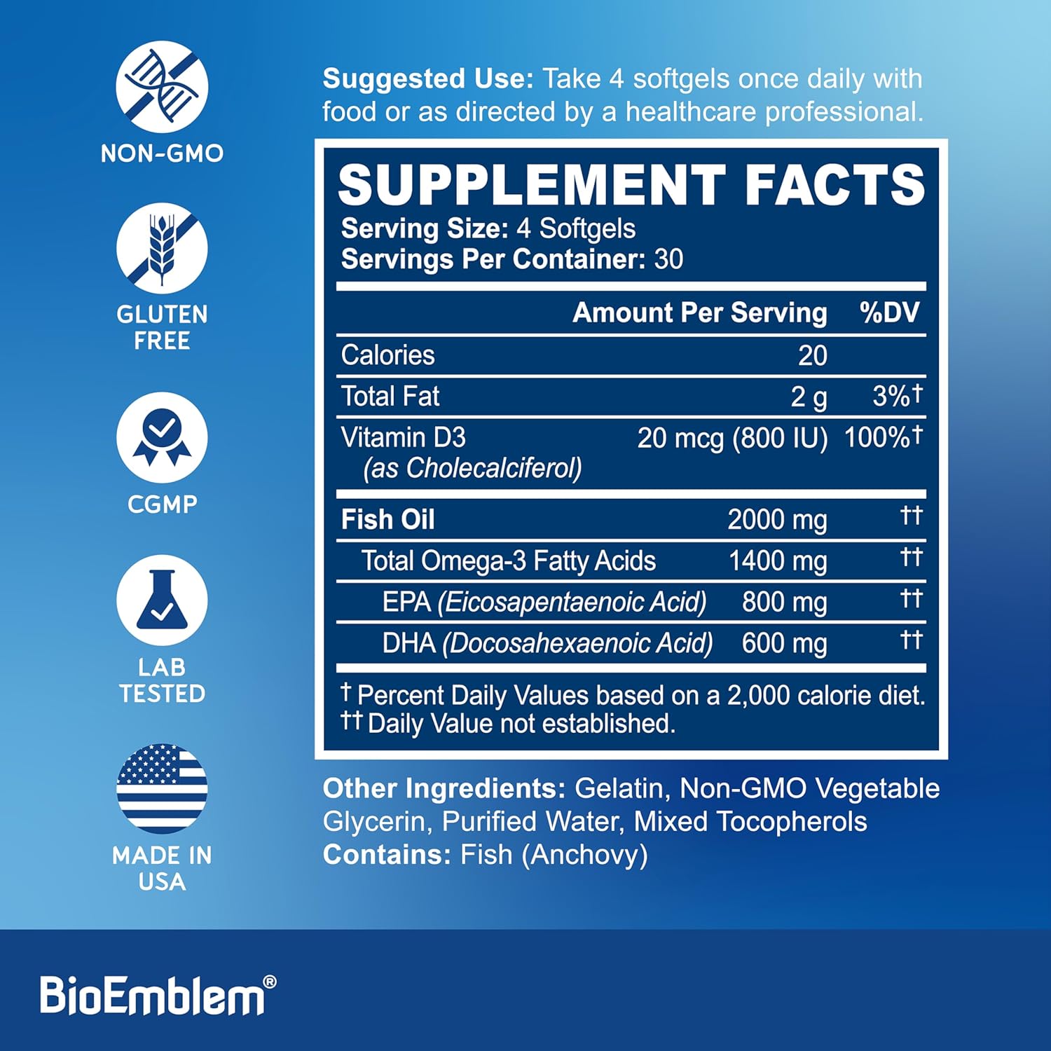 BioEmblem Omega-3 Fish Oil 2000mg - Small Size Softgels, High Absorption Form, Sustainable - 1400mg EPA &DHA Plus Vitamin D3, Non-GMO, Heart, Joint, & Brain Health Fish Oil Supplement, 120 Ct