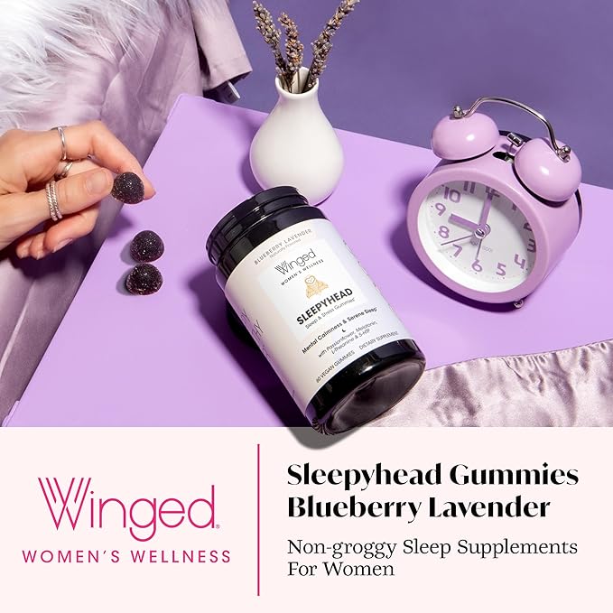 Winged Wellness Sleepyhead Natural Sleep Gummies for Women - Prime Sleep Support Aid for Adults with 3mg Melatonin, L-Theanine, 5-HTP - Blueberry Lavender Flavored - 30 Servings