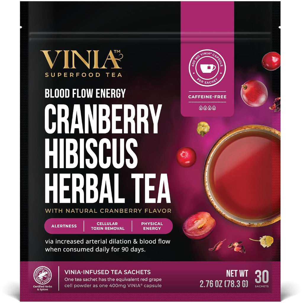 VINIA Cranberry Hibiscus Herbal Tea Bags, Made with Organic Herbal Tea, Infused with Piceid Resveratrol for Heart Health, Nitric Oxide, Physical Energy, Alertness, Blood Flow, Keto, Kosher, NON-GMO. 30 Ct