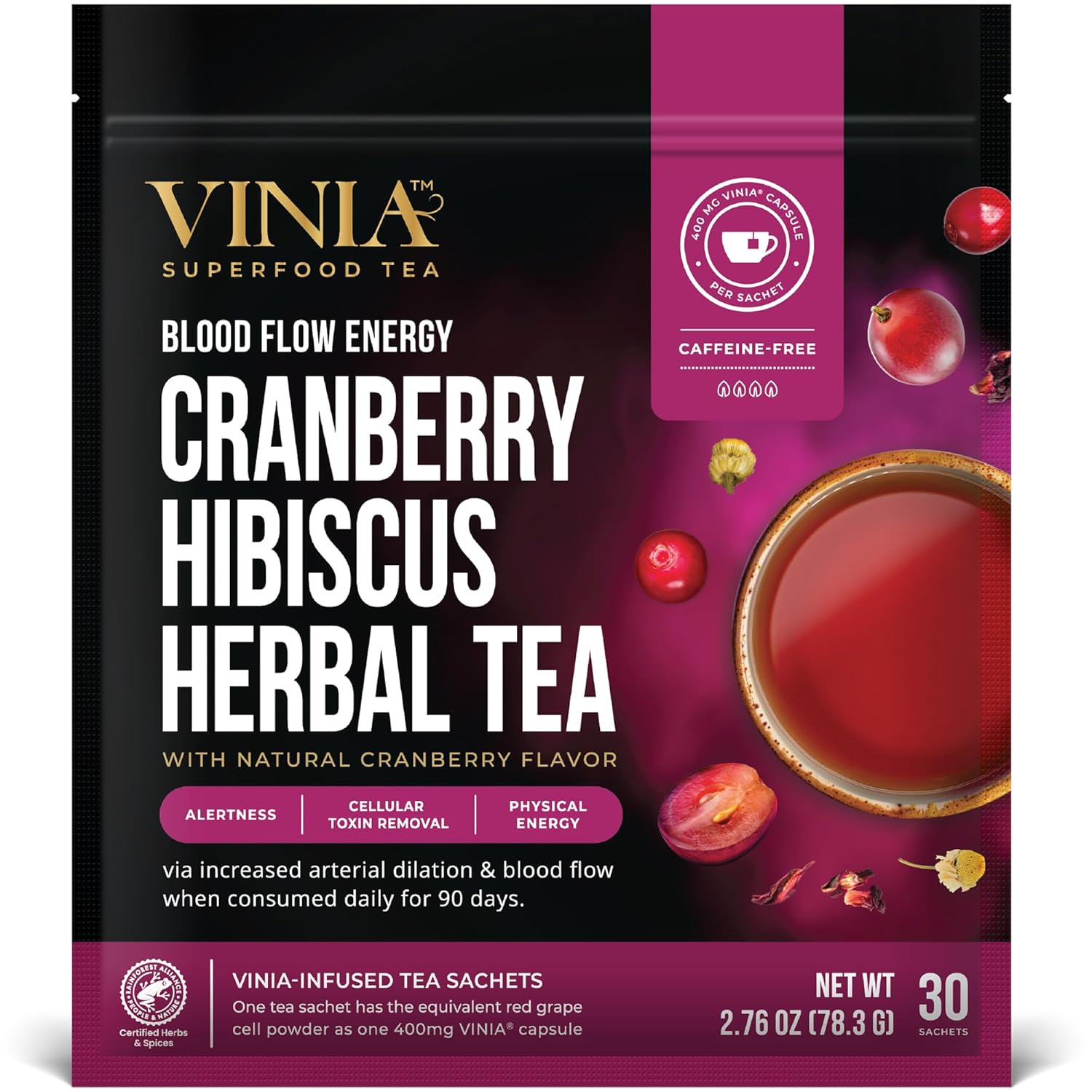 VINIA Cranberry Hibiscus Herbal Tea Bags, Made with Organic Herbal Tea, Infused with Piceid Resveratrol for Heart Health, Nitric Oxide, Physical Energy, Alertness, Blood Flow, Keto, Kosher, NON-GMO. 30 Ct