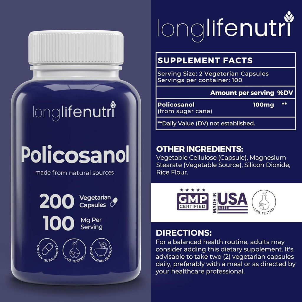 Policosanol 100mg - 200 Vegetarian Capsules, Natural Sugar Cane Supplement for Balanced Cholesterol, 3-Month Supply, Non-GMO, Lab Tested, Made in USA