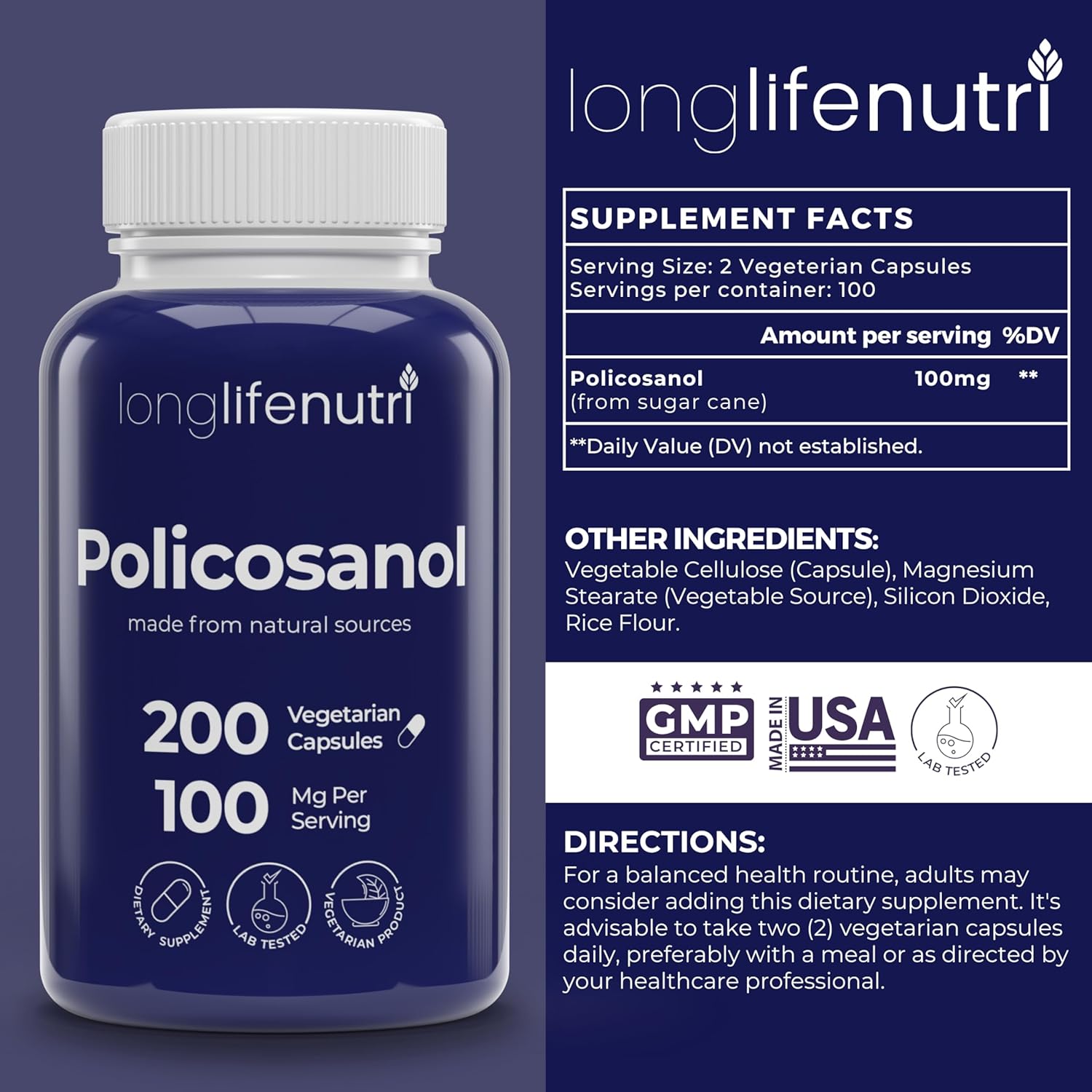 Policosanol 100mg - 200 Vegetarian Capsules, Natural Sugar Cane Supplement for Balanced Cholesterol, 3-Month Supply, Non-GMO, Lab Tested, Made in USA