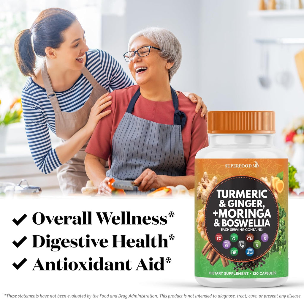 Turmeric Moringa Supplement | Ginger, Boswellia, Saffron, Holy Basil- Joint Support Supplement for Women and Men with Ceylon Cinnamon, Quercetin, Tart Cherry- 120 Count