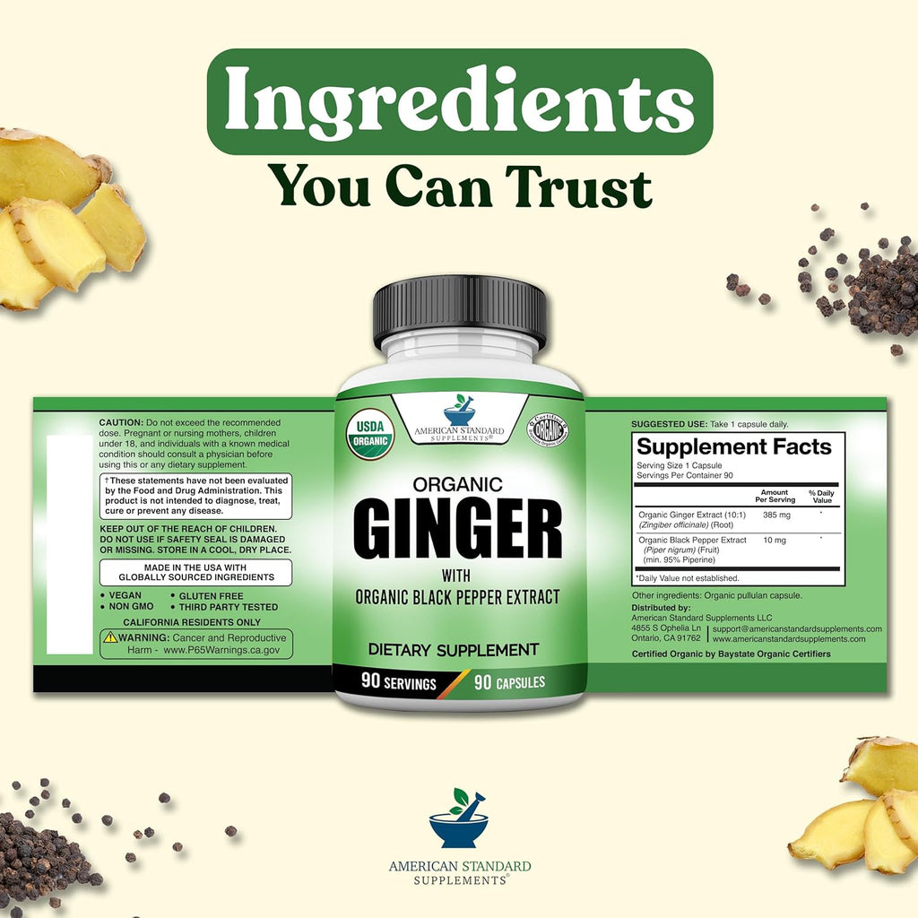 American Standard Supplements Organic Ginger Extract with Organic Black Pepper Extract, Vegan, Gluten Free, Non-GMO, 90 Capsules, 90 Servings