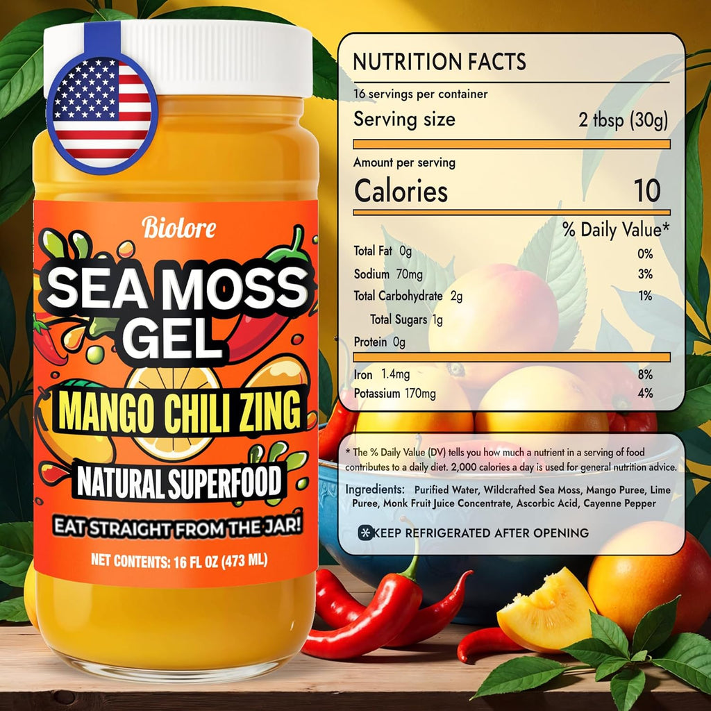 Biolore Mango Chili Zing Sea Moss Gel 16 oz - No Added Sugar, Vegan, Made in USA - Wildcrafted Sea Moss Superfood with 92 Essential Vitamins - Ready to Use, No Prep Needed
