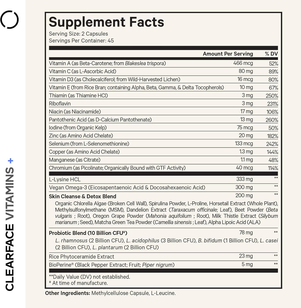 Codeage Clearface Pantothenic Acid, Niacin Supplement, Vitamins A, C, D3, E, Probiotics, Zinc, Riboflavin, Thiamin, L-Lysine HCL & Omega-3, Niacinamide, Skin Botanical Blend - Non-GMO - 90 Capsules