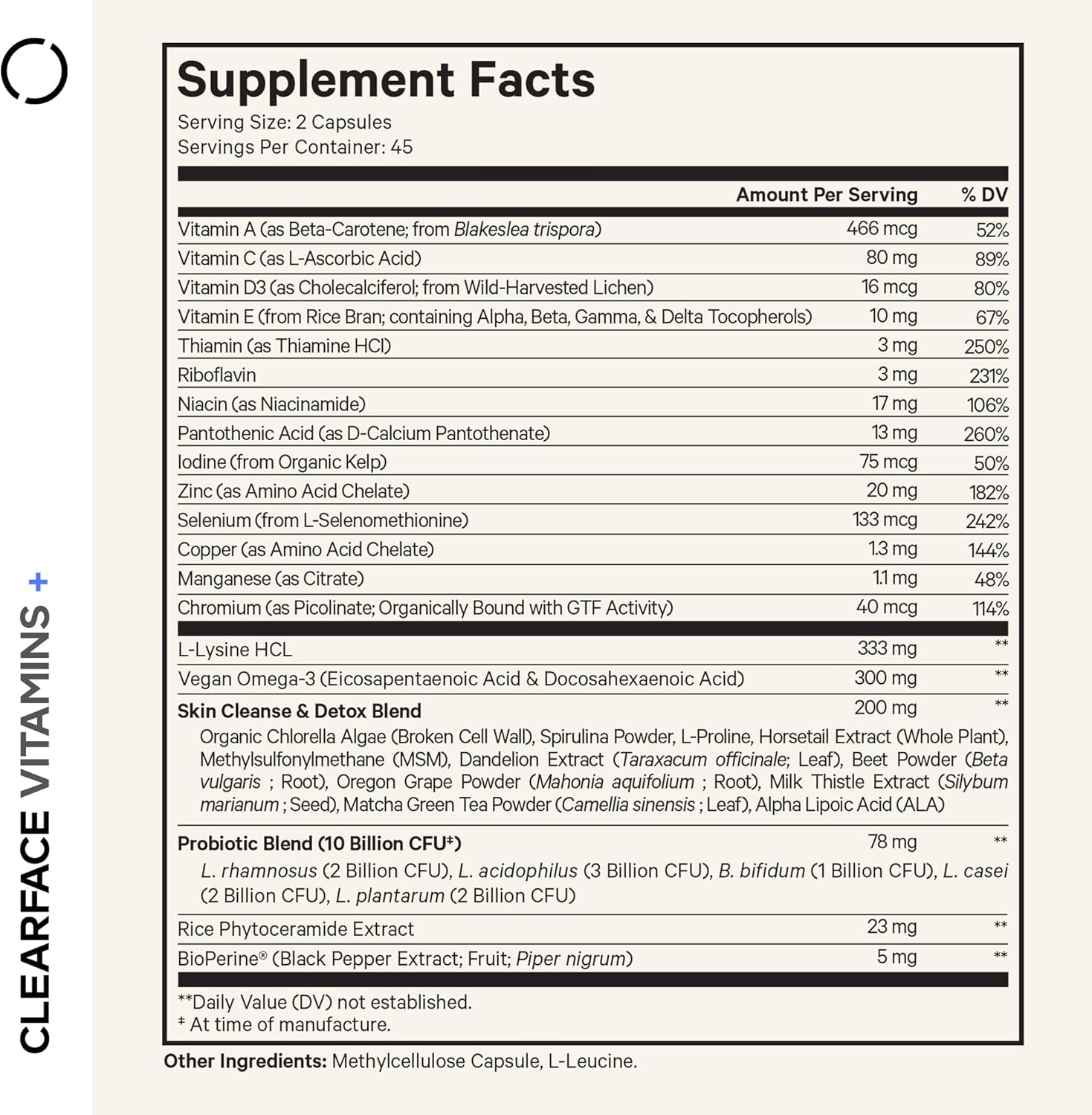 Codeage Clearface Pantothenic Acid, Niacin Supplement, Vitamins A, C, D3, E, Probiotics, Zinc, Riboflavin, Thiamin, L-Lysine HCL & Omega-3, Niacinamide, Skin Botanical Blend - Non-GMO - 90 Capsules