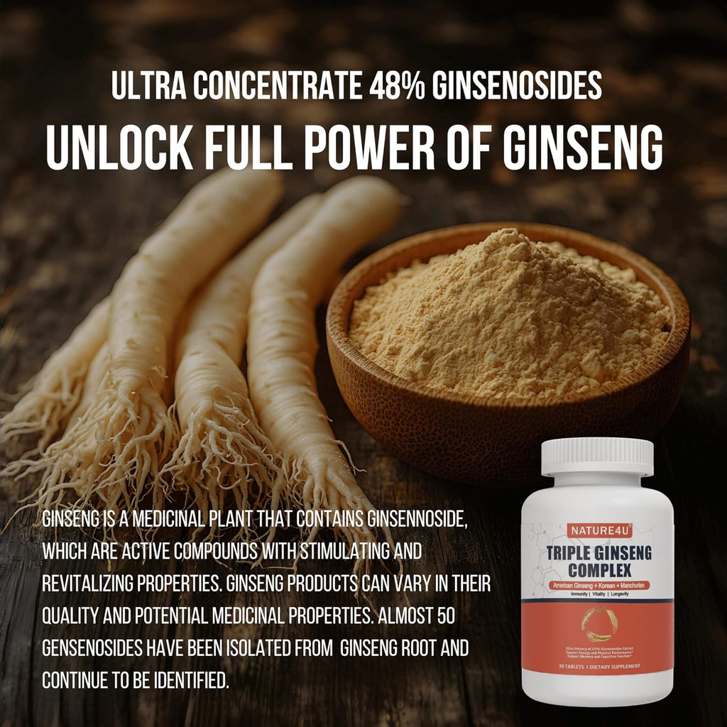 Triple Ginseng Complex, Ultra Potency 15% Ginsenosides from 3 Panax Ginseng Extract for Energy, Memory, Vitality & Immune Support, Healthy Aging for Elderly, 30 Tablets
