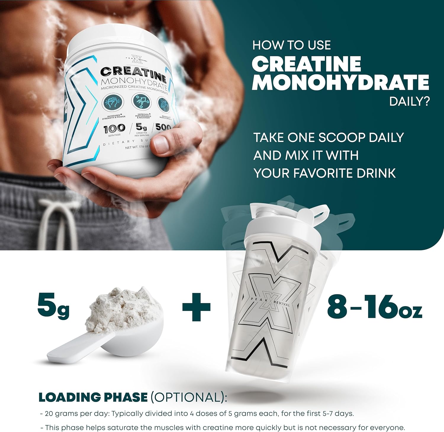 Performance Micronized Creatine Monohydrate Powder Supplement, 5000mg (5g), 100 Servings, Unflavored, Gluten Free, Non-GMO, Vegan