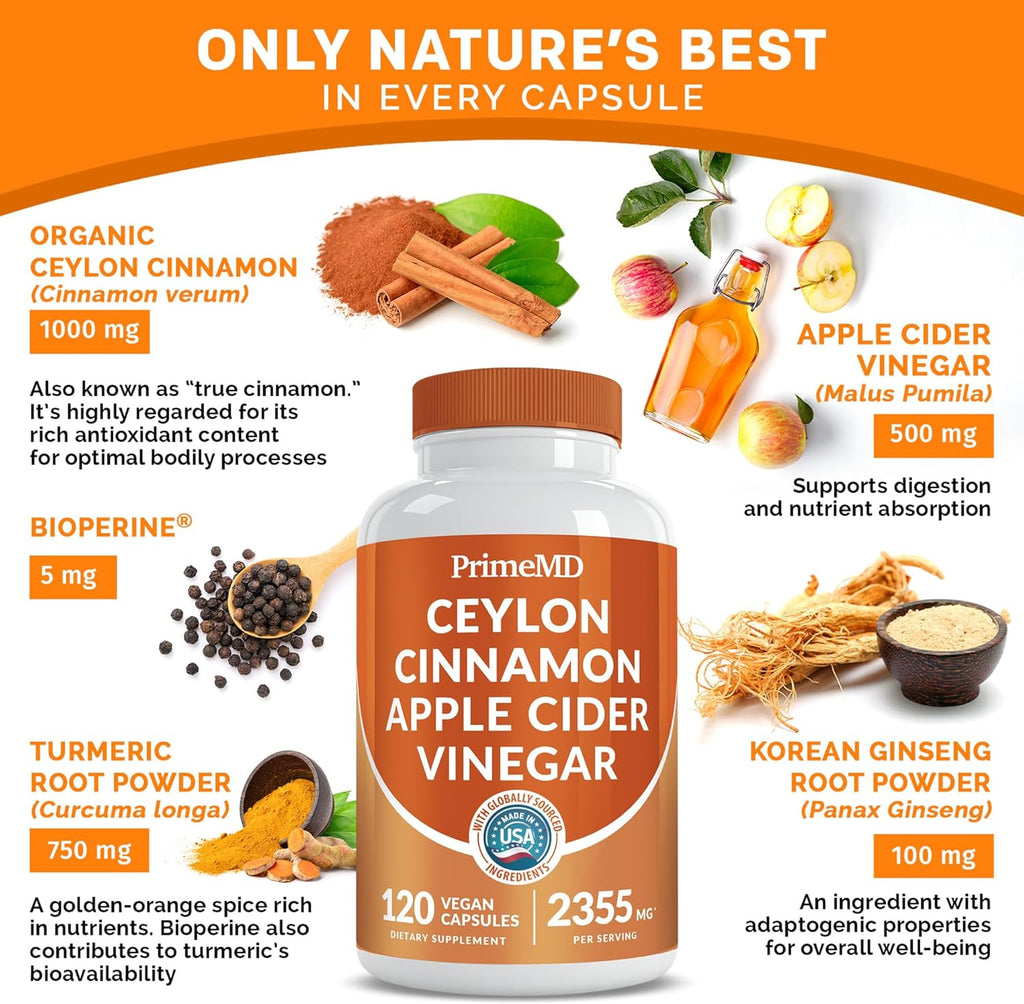 5-in-1 Ceylon Cinnamon Capsules 2355mg - Apple Cider Vinegar Capsules with Turmeric, Panax Ginseng, and Bioperine (120 Count, Pack of 2)