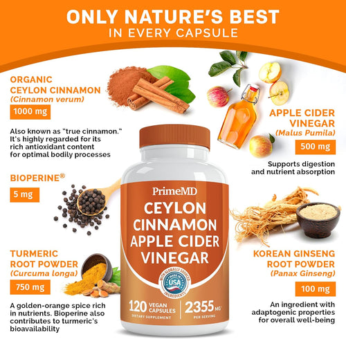 5-in-1 Ceylon Cinnamon Capsules 2355mg - Apple Cider Vinegar Capsules with Turmeric, Panax Ginseng, and Bioperine (120 Count, Pack of 2)
