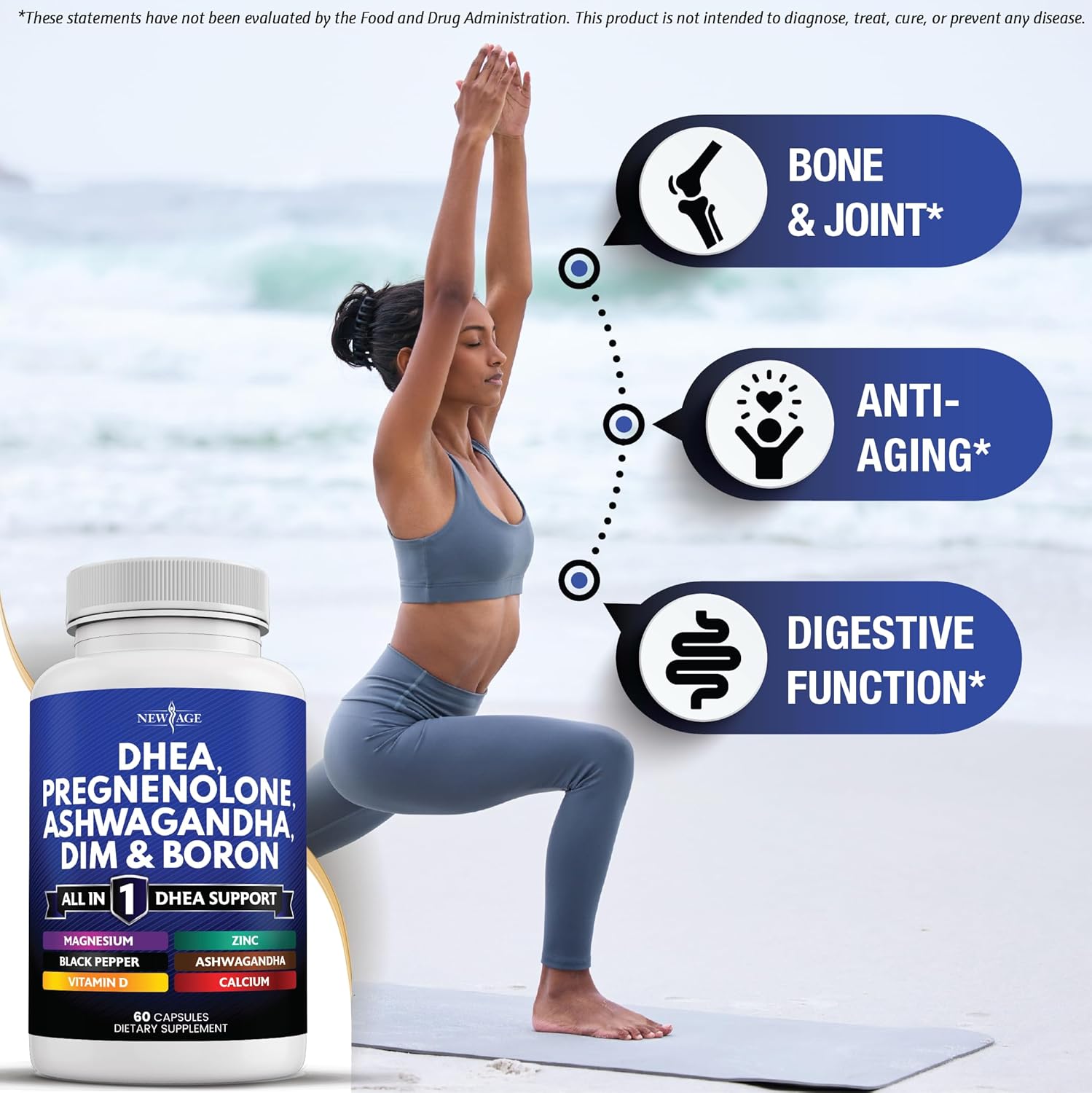 NEW AGE DHEA Supplement - Pregnenolone for Men & Women with DIM, Ashwagandha, Boron, Calcium, Magnesium, Zinc, Vitamin D3 5000iu - Support Capsules - 60 Count