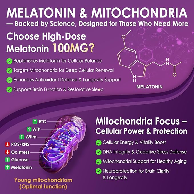 Melatonin 100mg for Antioxidant & Cognitive Health, Ultra High Dose Melatonin with CoQ10, Turmeric, Trans-Resveratrol, Vitamin B12 C E for Brain Anti-Aging, Cellular Repair and Energy, 75 Softgels