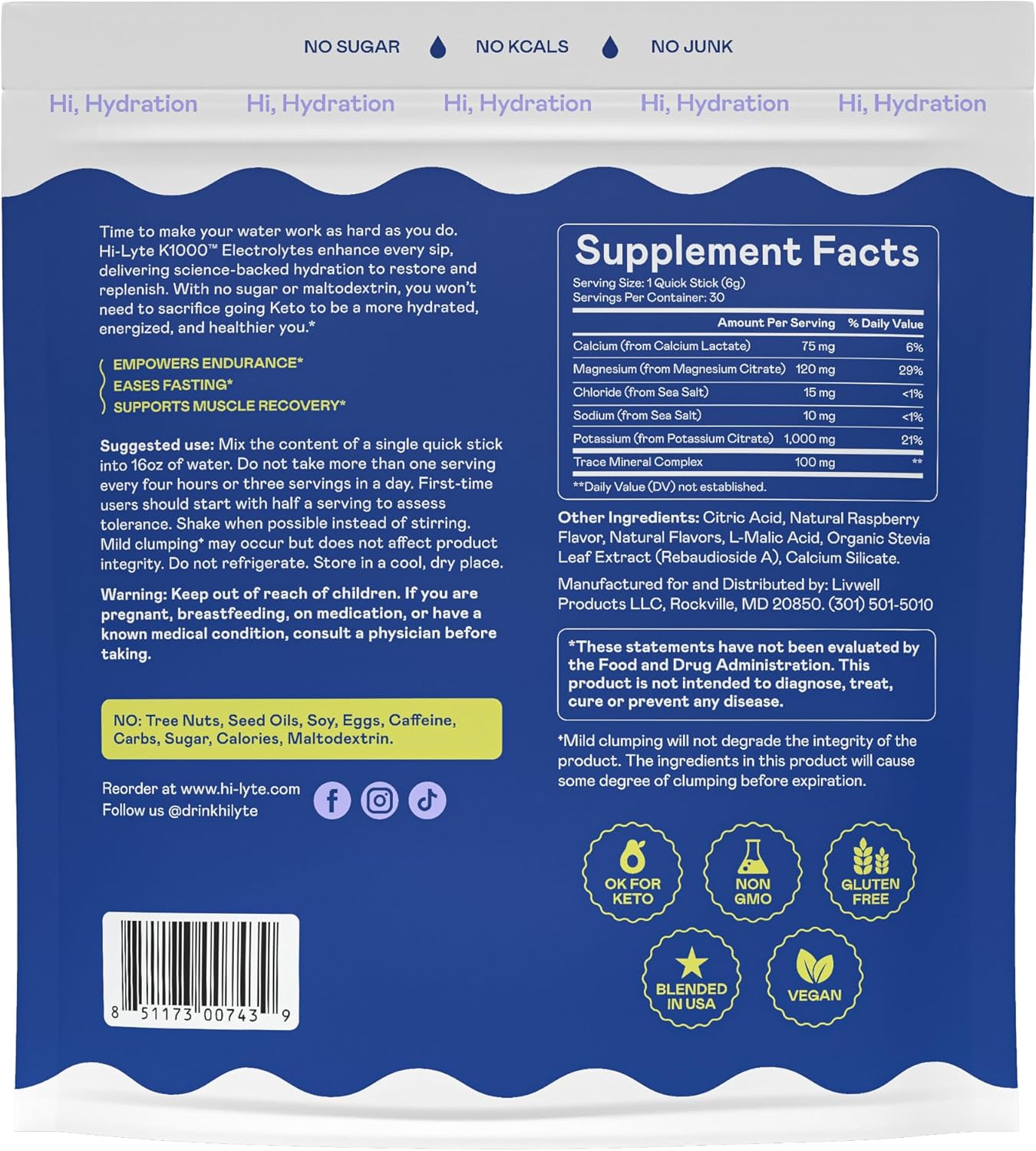 Hi-Lyte K1000 Electrolytes Sticks Blue Raspberry Keto & Performance, 30 Servings