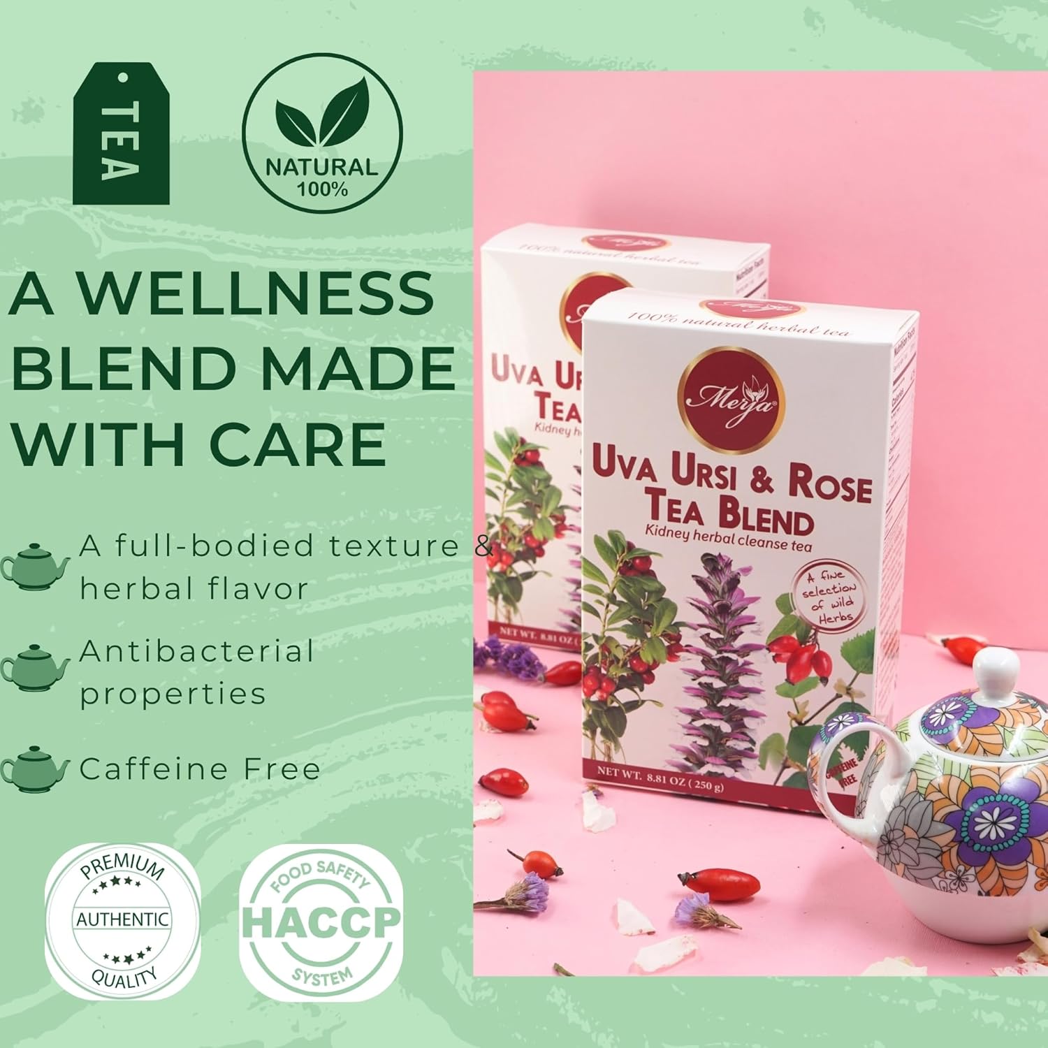 Merja Herbs Uva Ursi & Rose Tea - Kidney Support & Cleanse - Mediterranean Loose Tea - Caffeine Free - 100% Natural & Premium Quality 250gr 8.82 oz