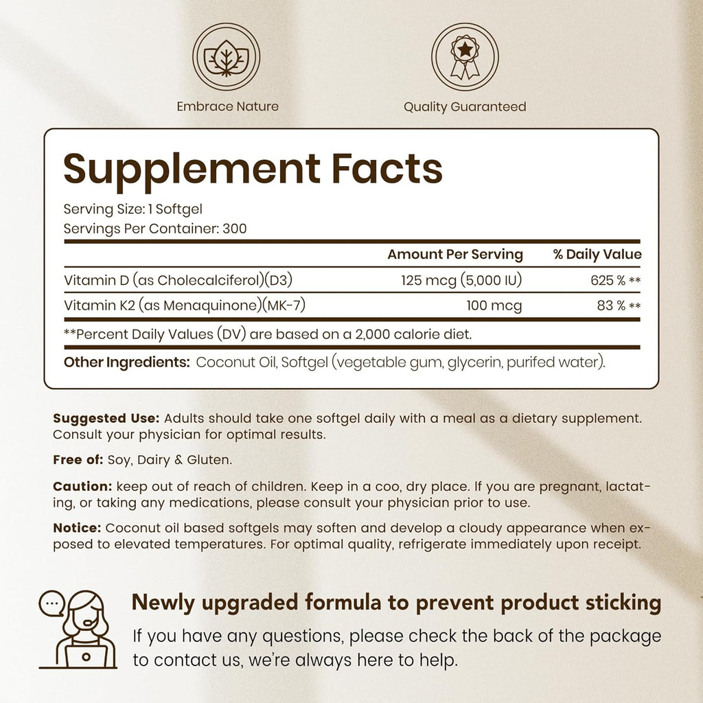 VEV Vitamin D3 K2, 5000 IU D3 100mcg K2 (MK 7), 300 Softgels, Corefeel 2-in-1 Vitamin D & K Supplement with Coconut Oil, Supports Calcium Absorption and Bone Health, Easy to Swallow
