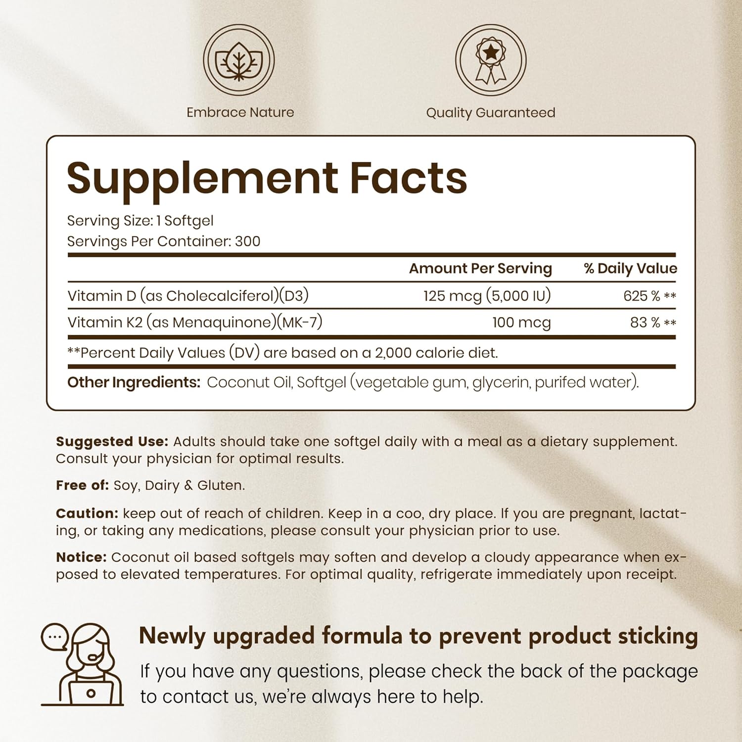 VEV Vitamin D3 K2, 5000 IU D3 100mcg K2 (MK 7), 300 Softgels, Corefeel 2-in-1 Vitamin D & K Supplement with Coconut Oil, Supports Calcium Absorption and Bone Health, Easy to Swallow