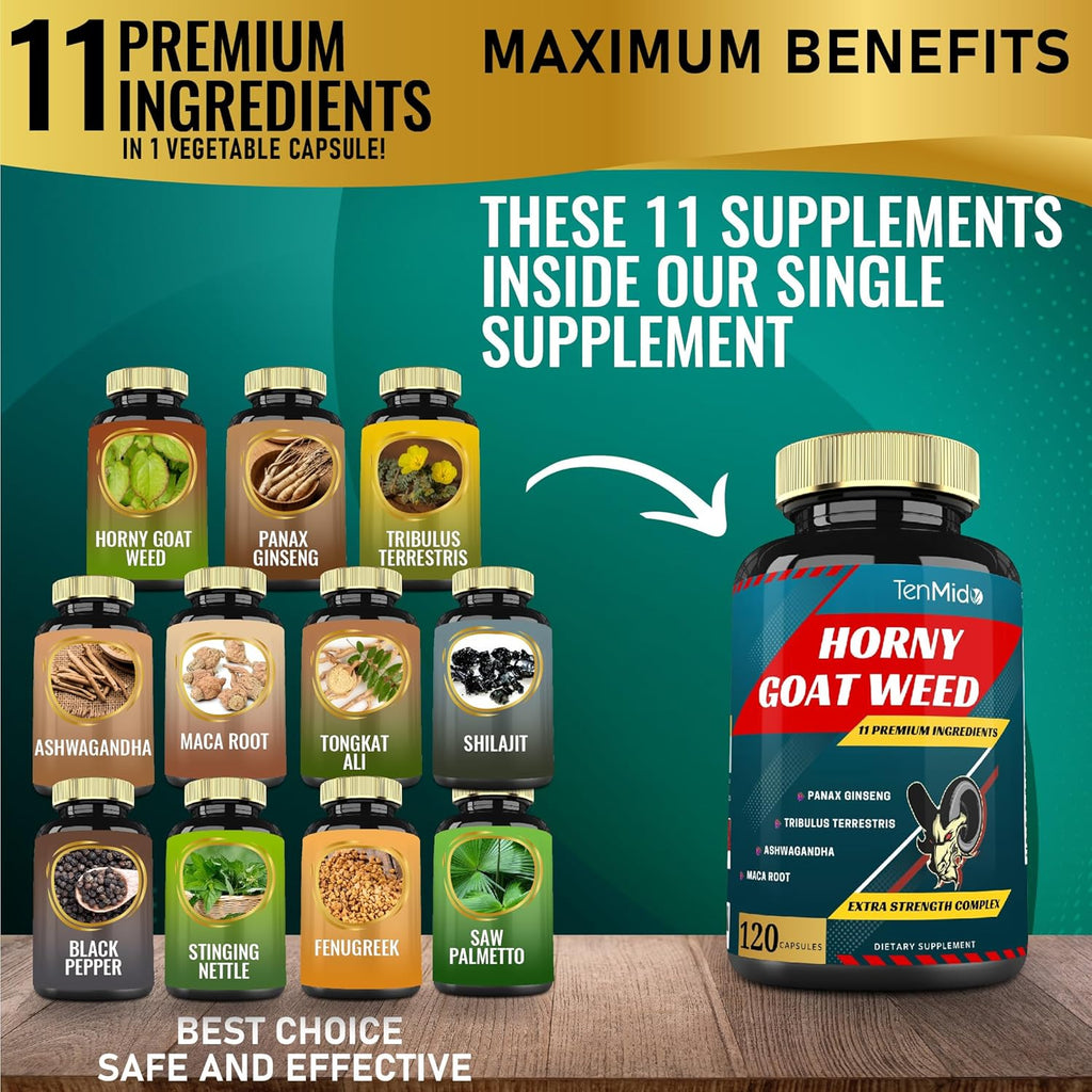 Horny Goat Weed Capsules & Ginseng, Tribulus, Ashwagandha, Maca, Tongkat and More - 120caps