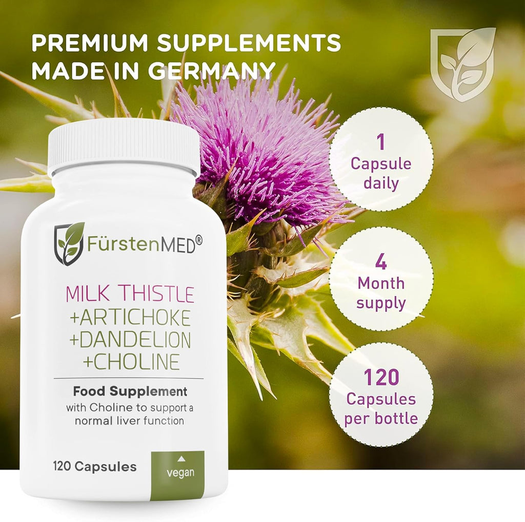 FürstenMED Milk Thistle with Artichoke Extract, Dandelion Root & Choline - Normal Liver Health Supplement - Highly Dosed with 80% Silymarin - Vegan Liver Support - 120 Non-GMO Capsule