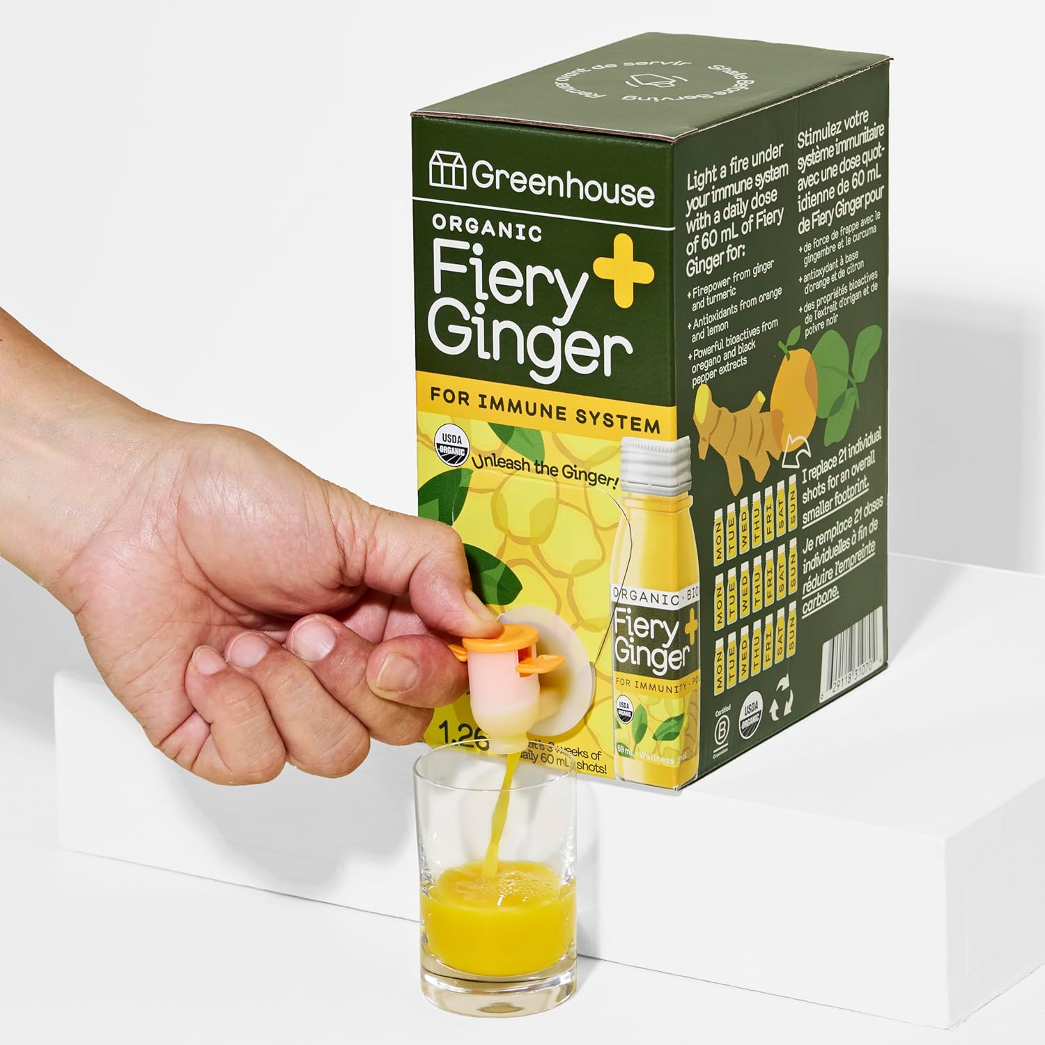 Greenhouse Juice Organic Fiery Ginger Wellness Shot Box Multipack 1.26L Ginger, Turmeric, Lemon, Black Pepper & Oregano | Immunity Wellness + Antiflammatory (Bag-in-Box Dispenser 2 Pack, Fiery Ginger)