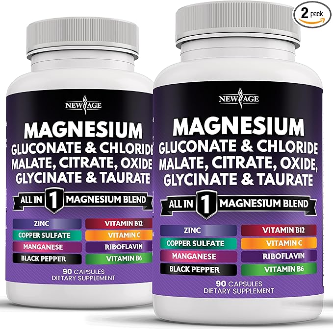 NEW AGE Magnesium Supplement -Powerful Glycinate Citrate Malate Oxide Taurate Aspartate Gluconate Orotate & Mag Chloride Manganese, Joint Support- 180 Count
