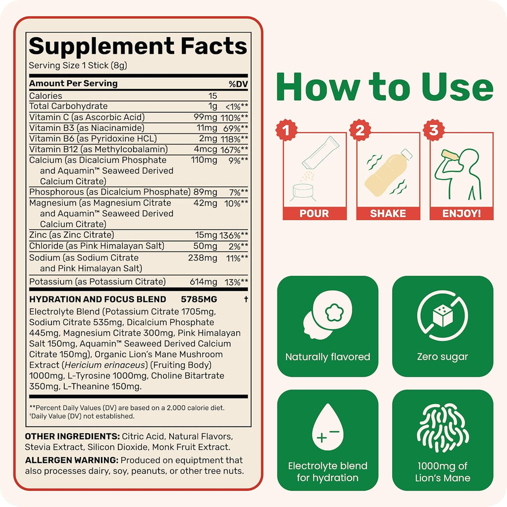 Fungies Electrolyte Drink Mix with Lion's Mane Mushroom & Essential Electrolytes, 24 Variety Pack - Sugar-Free Hydration Supplement Powder for Adults for Brain Health & Focus - Mushroom Supplement