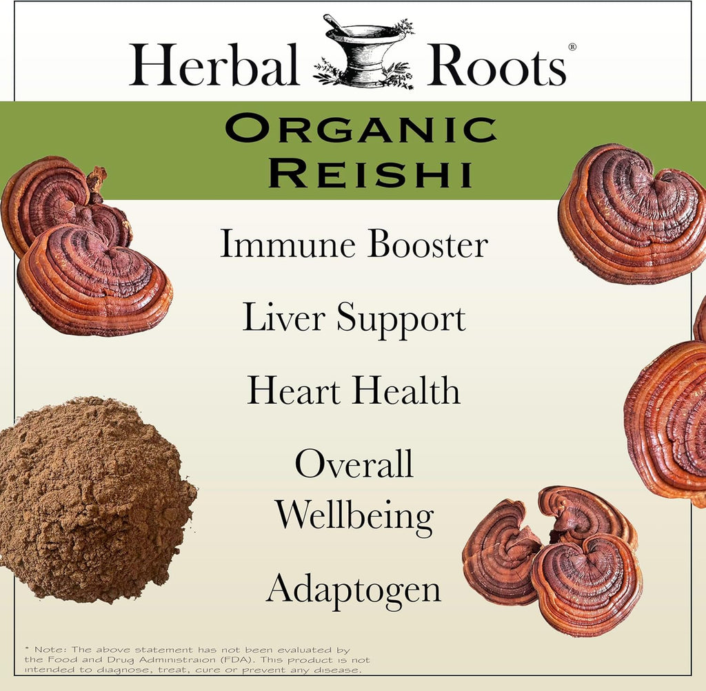 Herbal Roots Organic Reishi Capsules - Made with Fruiting Bodies - Support Energy, Vitality, Immune & Heart Health - 60 Vegan Capsules