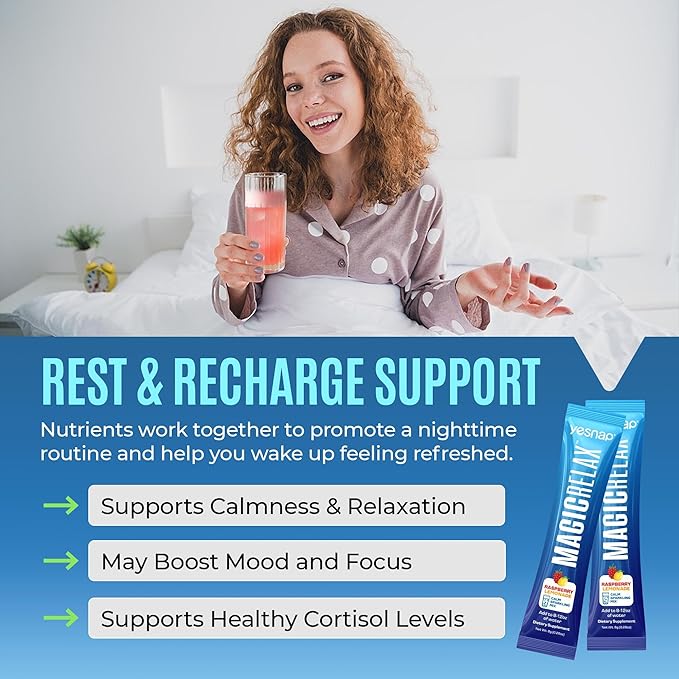 MAGICRELAX Calming Sparking Mix 8-in-1 Magnesium KSM-66 Ashwagandha Saffron Vitamin D3 GABA L-Theanine Supports Healthy Cortisol Levels,Mood and Sleep No Sugar Non GMO Raspberry Lemonade Flavor